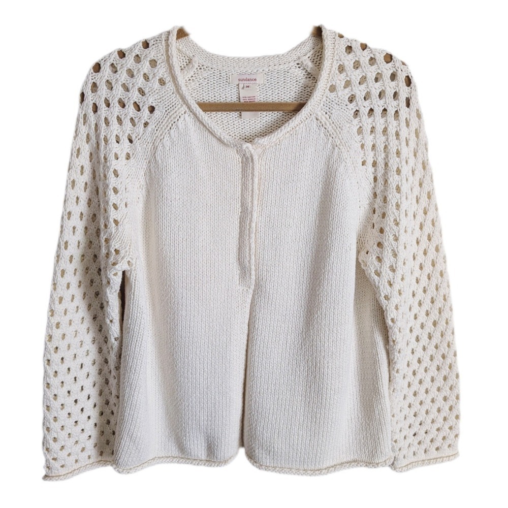 Sundance Cottage Chic Boho Coastal White Rolled Neck & Hem Knitted Cardigan